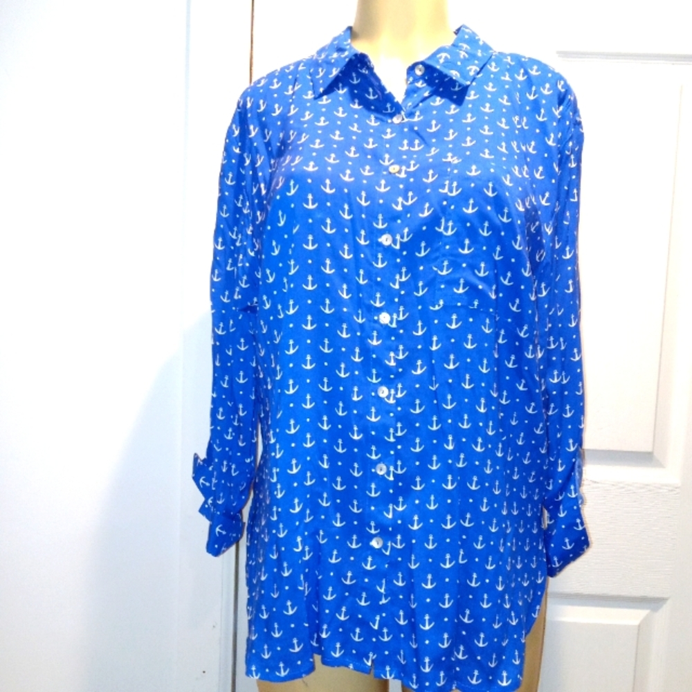 GRAND AND GREEN BLUE WITH WHITE ANCHORS TOP SZ XLG
